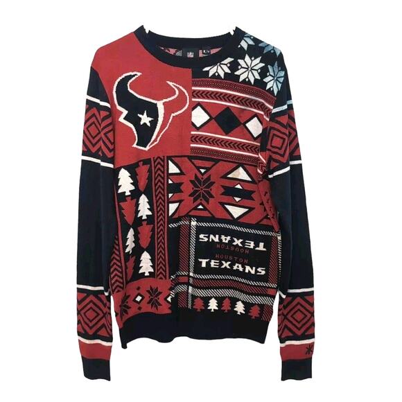 NFL Houston Texans Football Team Ugly Christmas Sweater Men's M Red Black Flaw - Picture 2 of 16